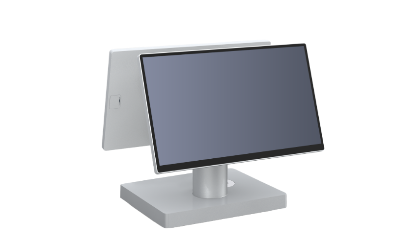 A modern silver touchscreen kiosk or POS terminal with a black bezel, shown at an angle on a plain white background.
