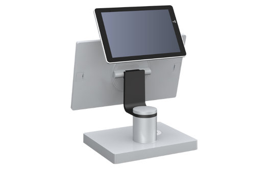A modern silver and black touchscreen kiosk display stand with a tablet mounted on a cylindrical base, shown against a solid white background.