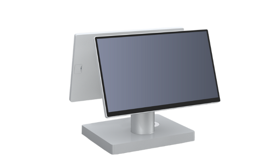 A modern silver touchscreen kiosk or POS terminal with a black bezel, shown at an angle on a plain white background.